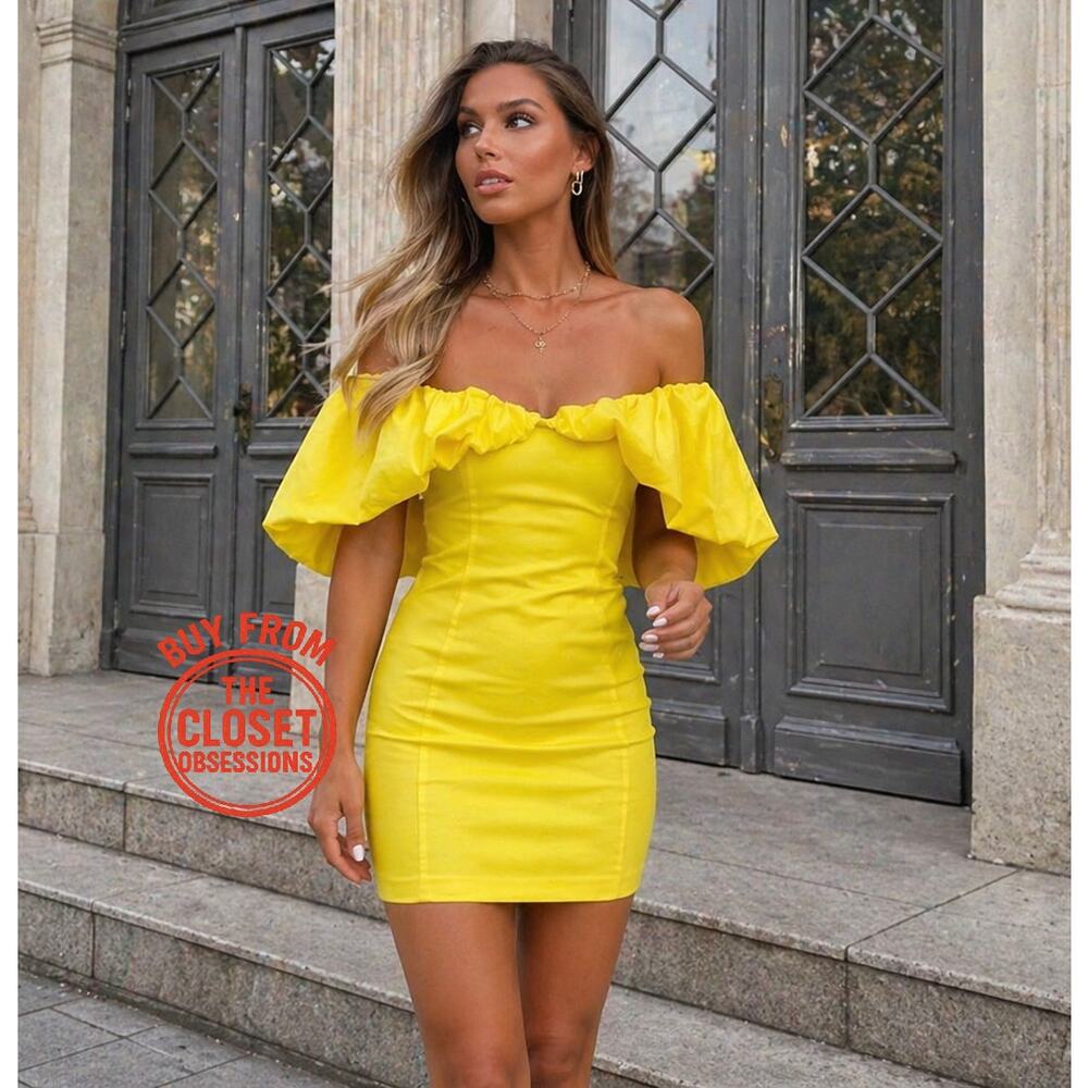 Zara Yellow Off Shoulder Ruffle Mini Dress Fitted Party Vacation NWT S M